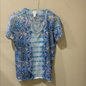 Chico’s blue Ikat design shirt.